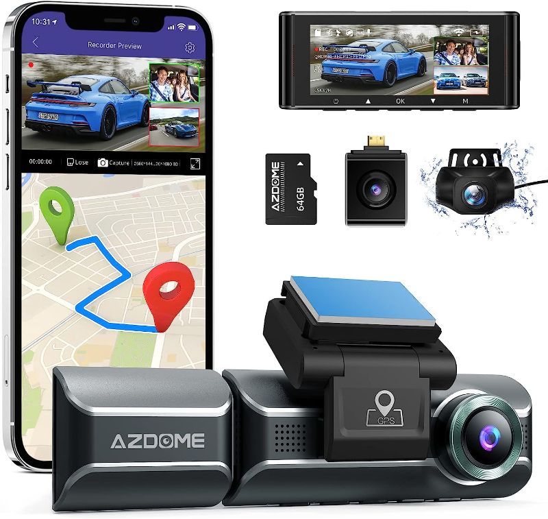 Photo 1 of AZDOME M550 Dash Cam 3 Channel, Built in WiFi GPS, With 64GB Card, Front Inside Rear 1440P+1080P+1080P Car Dashboard Camera Recorder, 4K+1080P Dual, 3.19" IPS, IR Night Vision, Capacitor, Parking Mode