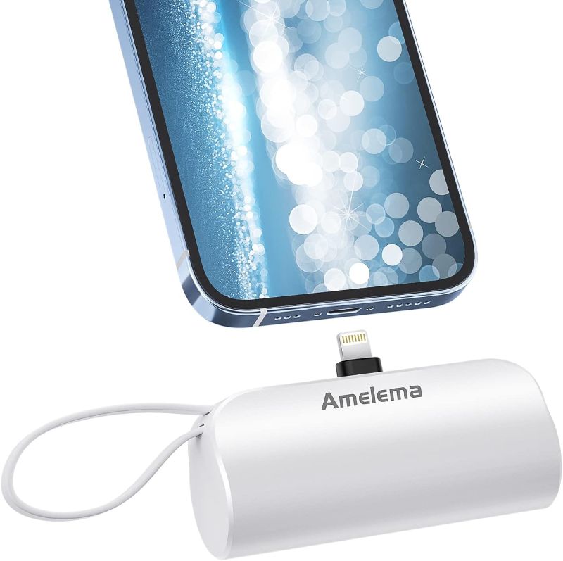 Photo 1 of amelema Small Portable Charger for iPhone, 5000mAh Mini Power Bank with Built-in Cable/Metal Stand, Cute Battery Pack Compatible with iPhone 14/14 Plus/Pro Max/13/12/11/XS/XR/X/8/7/Airpods (White)