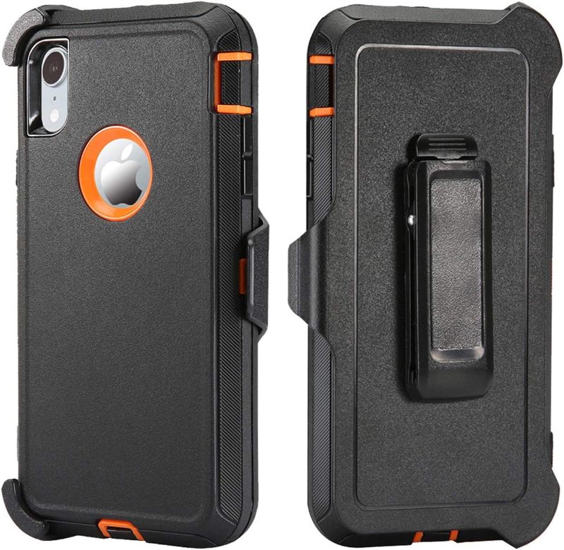 Photo 1 of Stroson for iPhone XR Case with Built in Screen Protector Heavy Duty Shockproof Full Body 3 in 1 Rugged Bumper for Women Man Protective Cover Phone Case for iPhone XR 6.1” (Holster & Black+Orange)
