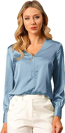 Photo 1 of Allegra K Women's Elegant Satin Shirt Long Sleeve Office Work Blouses Tops MEDIUM