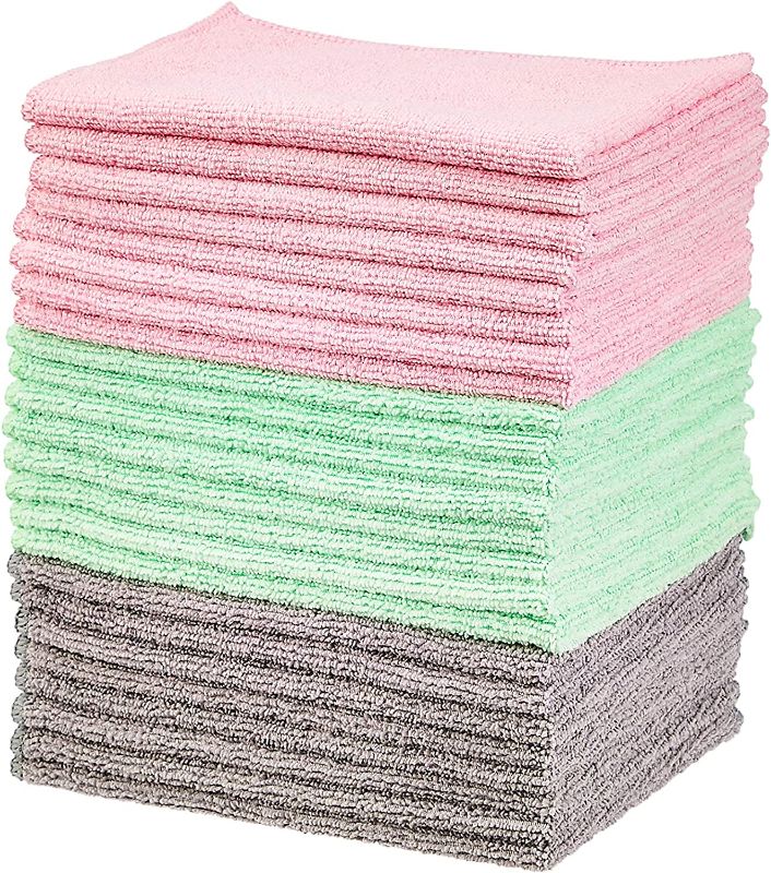 Photo 1 of Amazon Basics Microfiber Cleaning Cloth, Non-Abrasive, Reusable and Washable, Pack of 24, Green/Gray/Pink, 16" x 12"