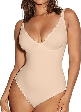 Photo 1 of FeelinGirl Shapewear Bodysuit Tummy Control Slim Body Shaper Deep V Neck Thong Body Suits for Women S/M