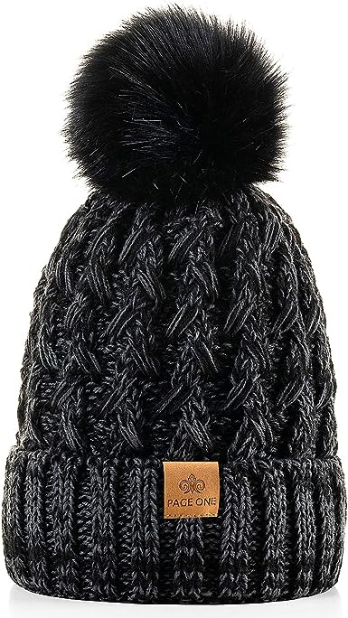 Photo 1 of PAGE ONE Womens Winter Ribbed Beanie Crossed Cap Chunky Cable Knit Pompom Soft Warm Hat Mixed Grey / Black 