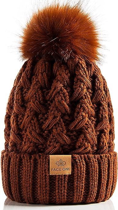 Photo 1 of PAGE ONE Womens Winter Ribbed Beanie Crossed Cap Chunky Cable Knit Pompom Soft Warm Hat