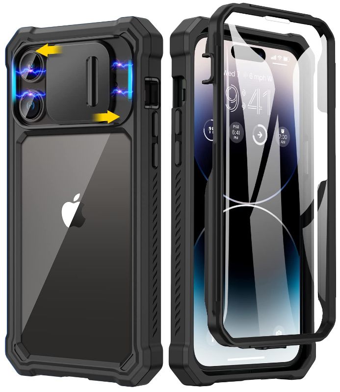 Photo 1 of Caka Case for iPhone 14 Pro Case, iPhone 14 Pro Case with Slide Camera Cover & Built-in Screen Protector Heavy Duty Shockproof Phone Case Cover for iPhone 14 Pro 6.1 inches, Black