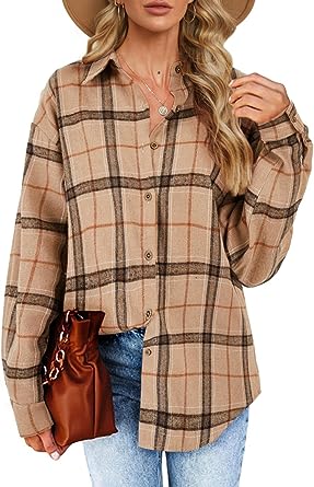 Photo 1 of Women's Long Sleeve Plaid Shirts Flannel Collared Button Down Shacket Casual Rolled Up Boyfriend Blouse Tops M/L 
