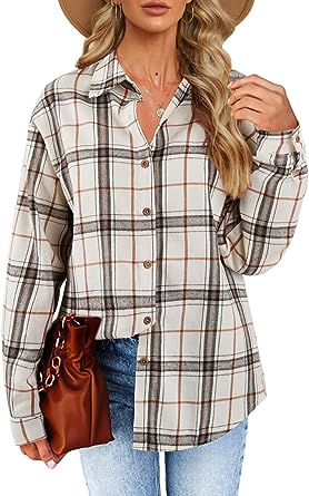 Photo 1 of Women's Long Sleeve Plaid Shirts Flannel Collared Button Down Shacket Casual Rolled Up Boyfriend Blouse Tops M/L