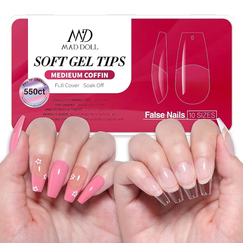 Photo 1 of Soft Gel Nail Tips Set - 550Pcs Medium Coffin Pre-shaped Clear Full Cover False Nails for Gel Art Polish, Nail Extensions Acrylic Nails Press on Nail Tips