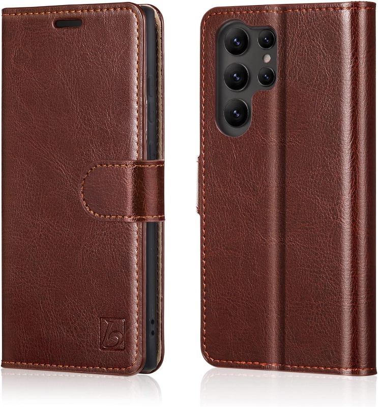 Photo 1 of VANAVAGY Wallet Case for Galaxy S23 Ultra 5G for Women and Men,RFID Flip Leather Cover with Wrist Supports Wireless Charging with Card Holder and Screen Protector, Brown