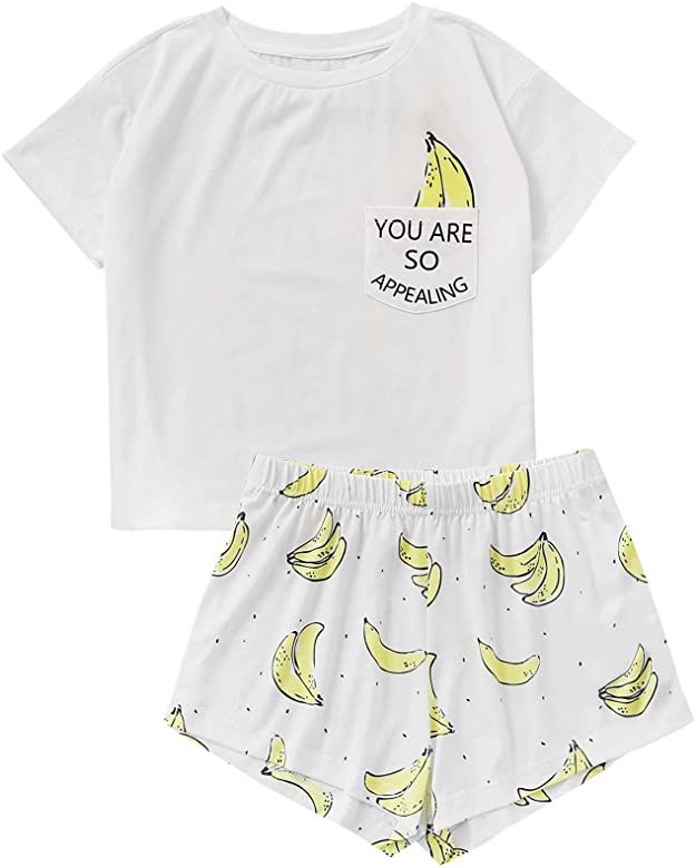 Photo 1 of DIDK Women's Cute Cartoon Print Tee and Shorts Pajama Set Banana White X-Small