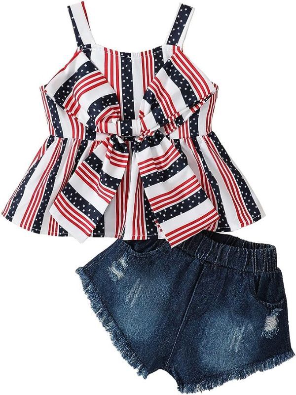 Photo 1 of Goodplayer 4th of July Toddler Girl Outfit US Flag Independence Day Top+Jeans Celebration Denim Shorts Summer Clothes?US Flag3-4T?