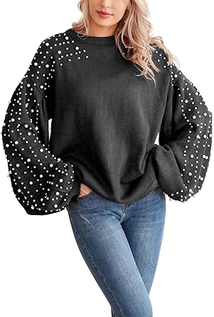 Photo 1 of Women's Oversized Crew Neck Sweaters Puffy Sleeves Chunky Knit Ribbed Sweater Cute Pearl Tops Drop Shoulder Pullover Black ( Large ) 