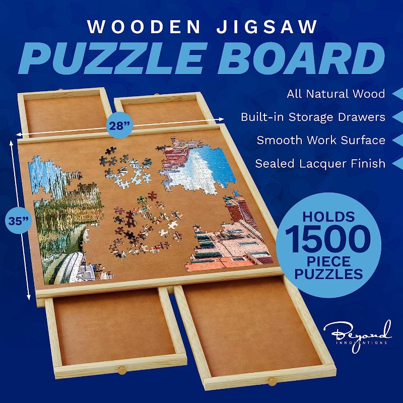 Photo 2 of 1500 Piece Wooden Jigsaw Puzzle Table - 4 Drawers, Rotating Puzzle Board | 35” X 28” Jigsaw Puzzle Board | Puzzle Cover Included - Portable Puzzle Tables for Adults and Kids by Beyond Innoventions