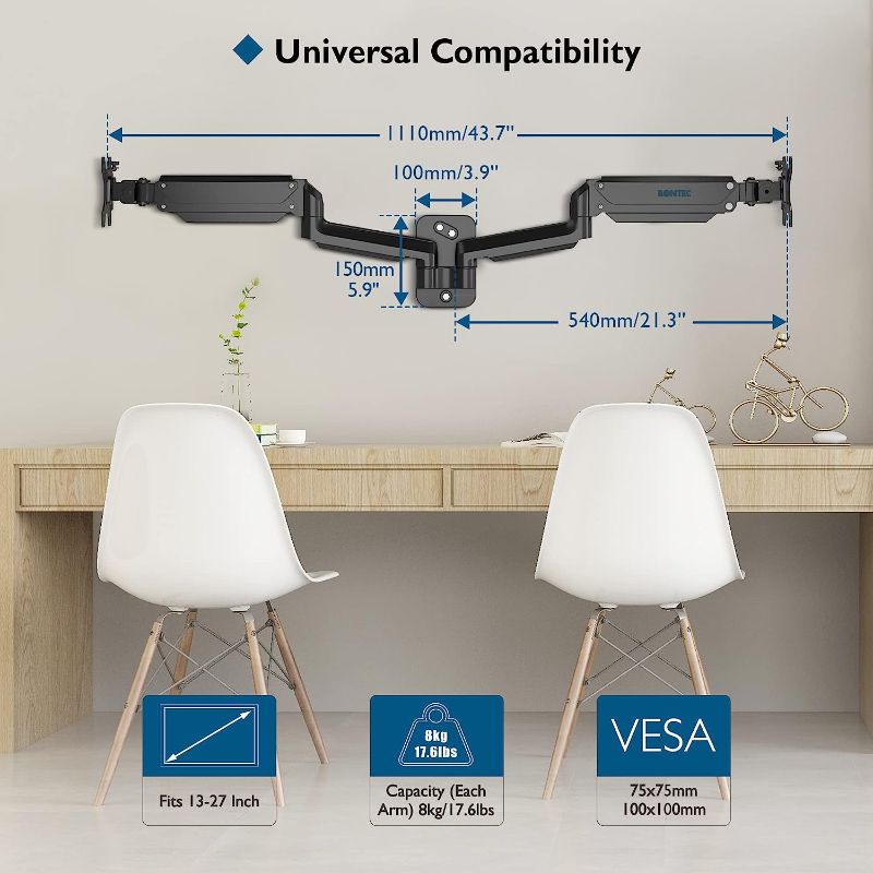 Photo 1 of BONTEC Computer Monitor Wall Mount Bracket for 13-27" Screens up to 17.6 lbs, Fully Adjustable Gas Spring Monitor Arm, Ergonomic Height Adjustable, Tilt Swivel & Rotate, VESA 75x75, 100x100 mm