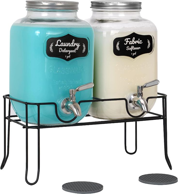 Photo 1 of AMEY 1 Gallon Decorative Fabric Softener & Laundry Soap Dispenser - Mason Jar with Spout, Screw Lid, Stand with Rubber Drip Mats - 2-Pack