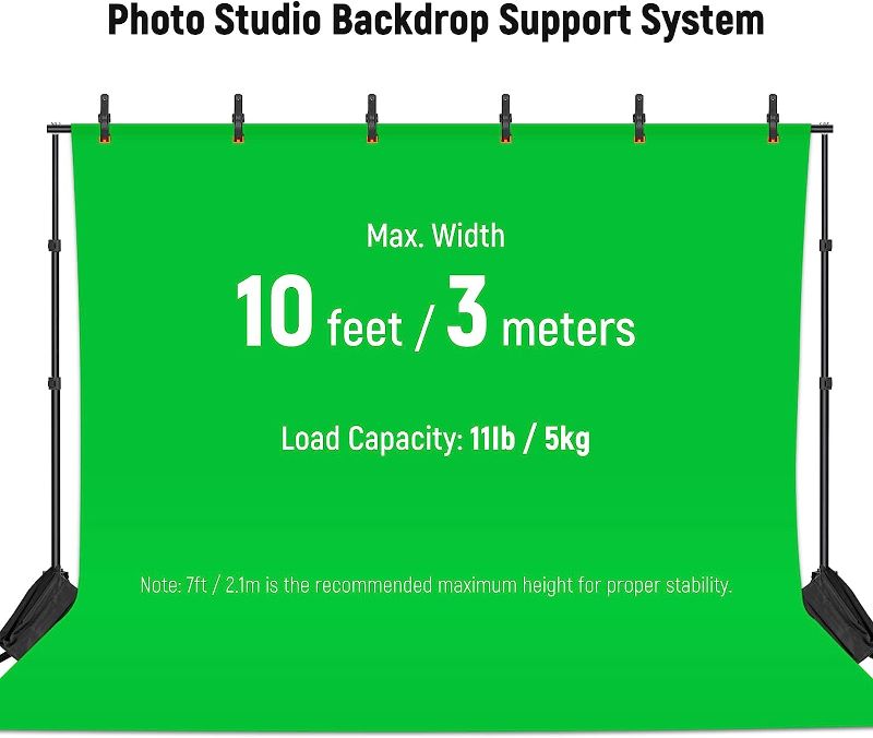 Photo 2 of NEEWER Backdrop Stand 10ft x 7ft, Adjustable Photo Studio Backdrop Support System for Wedding Parties Background Portrait Photography with 4 Crossbars, 6 Clamps, 2 Black Sandbags and Carrying Bag