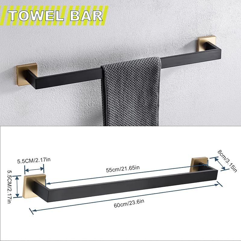 Photo 3 of TURS 5-Piece Bathroom Hardware Set Matte Black and Brushed Gold Towel Bar Holder Set Hand Towel Holder Toilet Paper Holder and 2 Towel Hooks,Stainless Steel Wall Mounted