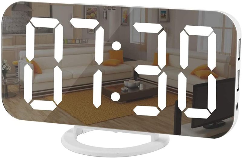 Photo 1 of SZELAM Digital Clock Large Display, LED Electric Alarm Clocks Mirror Surface for Makeup with Diming Mode, 3 Levels Brightness, Dual USB Ports Modern Decoration for Home Bedroom Decor-White