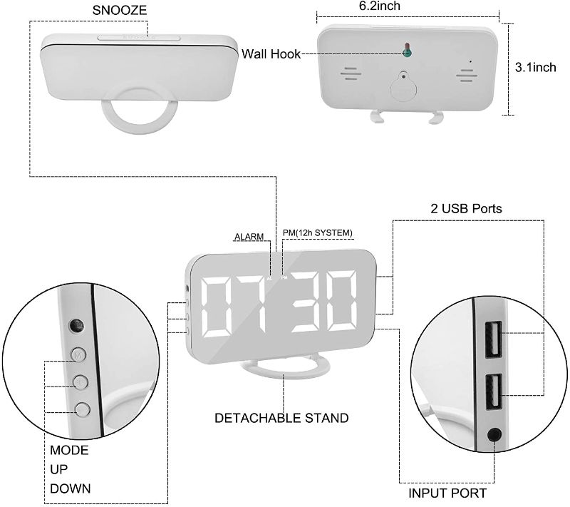 Photo 1 of SZELAM Digital Clock Large Display, LED Electric Alarm Clocks Mirror Surface for Makeup with Diming Mode, 3 Levels Brightness, Dual USB Ports Modern Decoration for Home Bedroom Decor-White