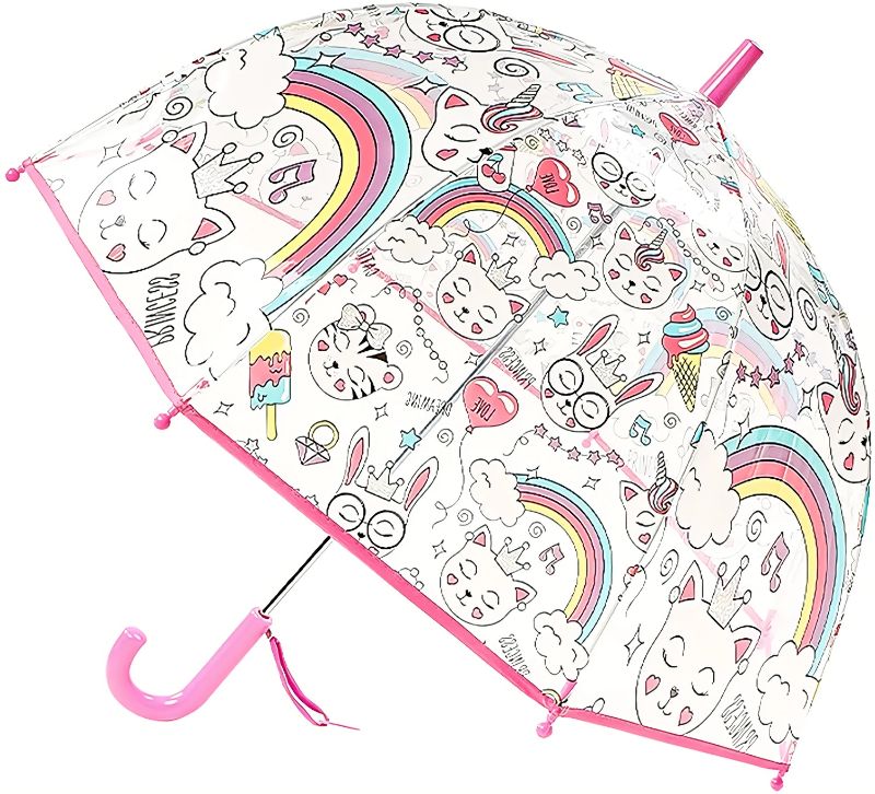 Photo 1 of Kids Clear and Transparent Umbrella with an Easy Grip Handle, Dome Bubble Umbrella, Windproof for Kids Boys and Girls. (Rainbow Cat)