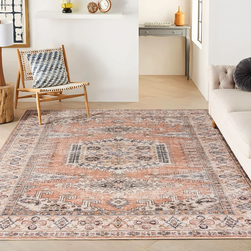 Photo 1 of Valenrug Washable Rug 8x10 - Ultra-Thin Antique Collection Area Rug, Stain Resistant Rugs for Living Room Bedroom, Distressed Persian Boho Rug(Peach/Yellowish, 8'x10')