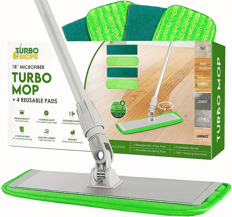 Photo 1 of Turbo Microfiber Mop Floor Cleaning System - 18-inch Dust Mop with 4 Reusable Pads for Hardwood and Tile, 360-Spin Floor Mop Head & Extendable Handle - Household Cleaning Tools