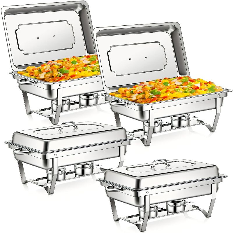 Photo 1 of 4 Pack Full Size Stainless Steel Chafing Dishes 8 Quart Chafing Dish Buffet Set Silver Rectangular Catering Chafer Warmer with Food Tray Lid and Fuel Holder for Buffet Banquet Party Catering Supplies