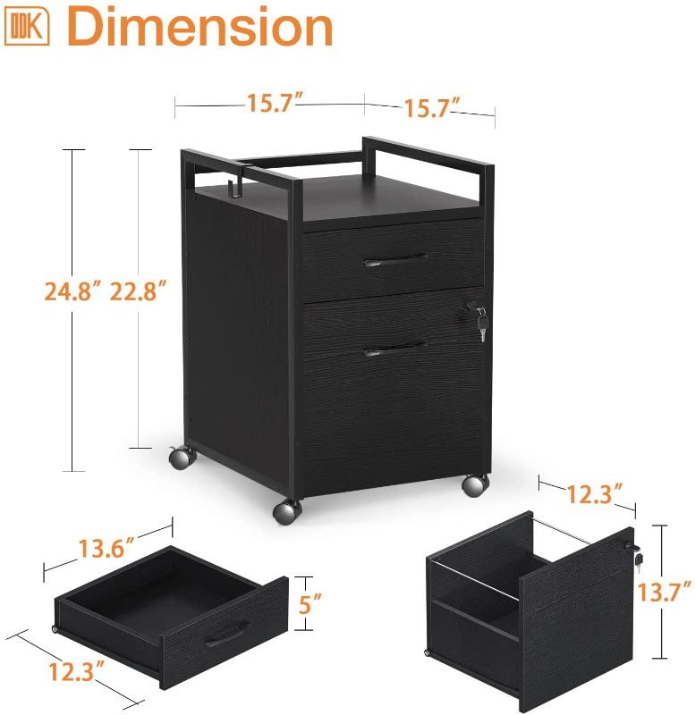 Photo 2 of ODK File Cabinet with 2 Drawers, Mobile Office Cabinet with Lock on Wheels, Rolling Office Printer Stand Filing Cabinet for A4, Letter Sized Document with Iron Hook, Black