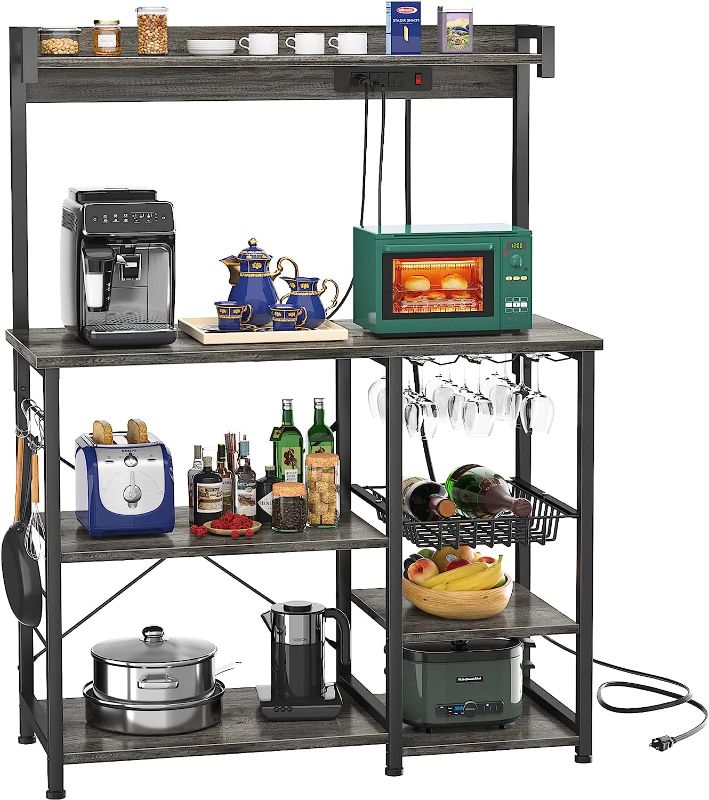 Photo 1 of  Bakers Rack Microwave Stand, Kitchen Storage Shelf with Wire Basket, Coffee Bar Station with Wine Glass Holder Rack for Spices, Pots, and Pans, Black Oak