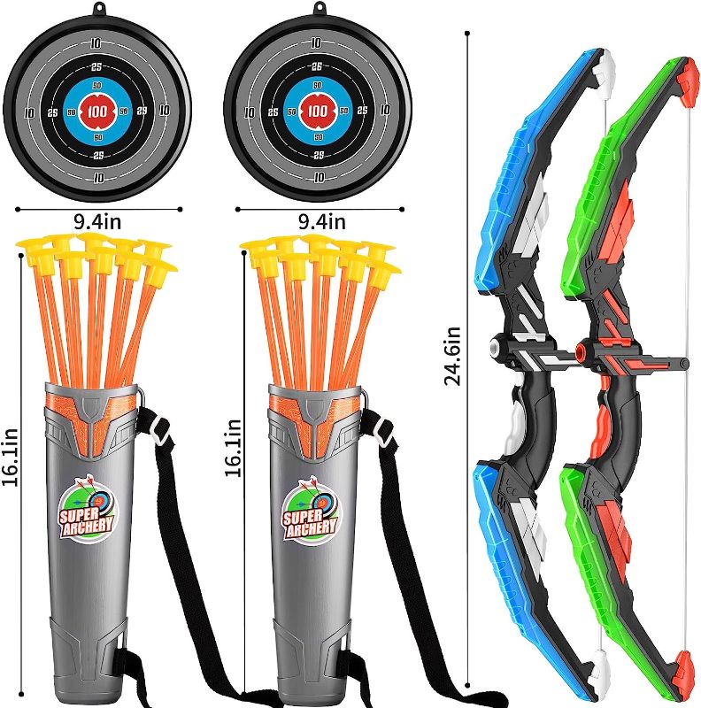Photo 1 of 2 Pack Set Bow and Arrow Archery Toy Set for Kids, LED Light Up Archery Set with 2 Bow 20 Suction Cup Arrows 2 Target & 2 Quiver, Outdoor Toys Archery Set for Kids Boys & Girls Ages 3-12 Years Old
