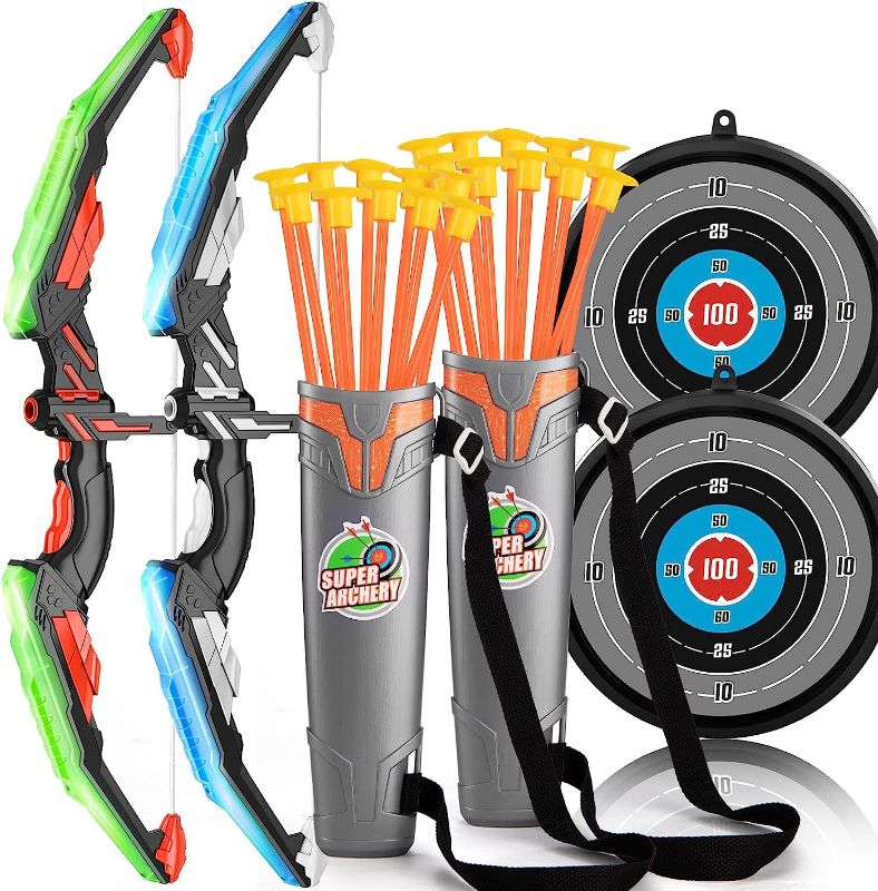 Photo 1 of 2 Pack Set Bow and Arrow Archery Toy Set for Kids, LED Light Up Archery Set with 2 Bow 20 Suction Cup Arrows 2 Target & 2 Quiver, Outdoor Toys Archery Set for Kids Boys & Girls Ages 3-12 Years Old