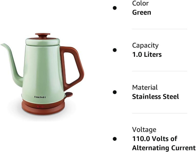 Photo 2 of DmofwHi Gooseneck Electric Kettle(1.0L), 100% Stainless Steel BPA Free Classic Pour Over Coffee Kettle | Tea Kettle - Green