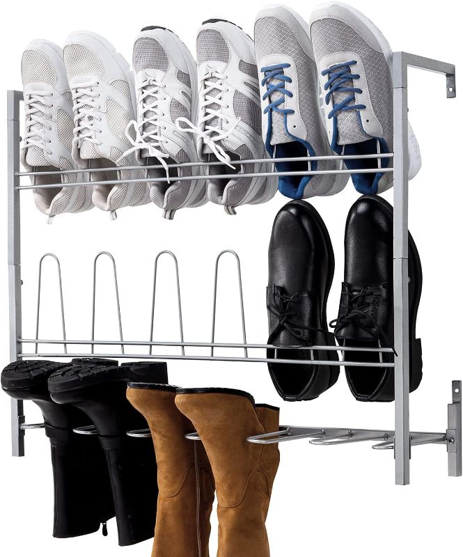 Photo 1 of MyGift Premium Silver Metal Hanging Wall Shoe Rack for Walk in Closet, Mudroom and Entryway, Wall Mounted Space Saving Boot and Shoe Rack Organizer, Holds 9 Pairs