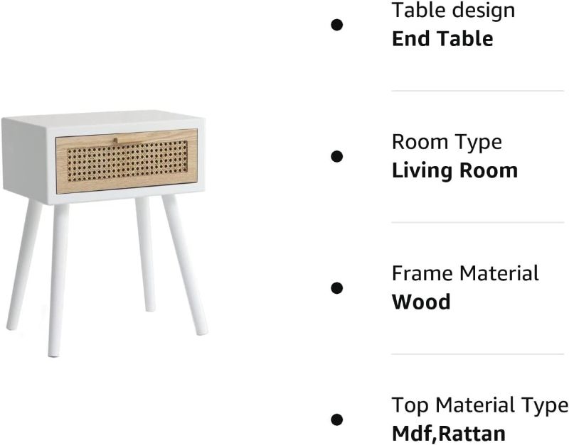 Photo 3 of AWASEN White Nightstand with Drawer, Rattan Side Table for Bedroom, Modern End Table with Storage and Solid Wood Legs for Living Room, Easy Assembly (White)