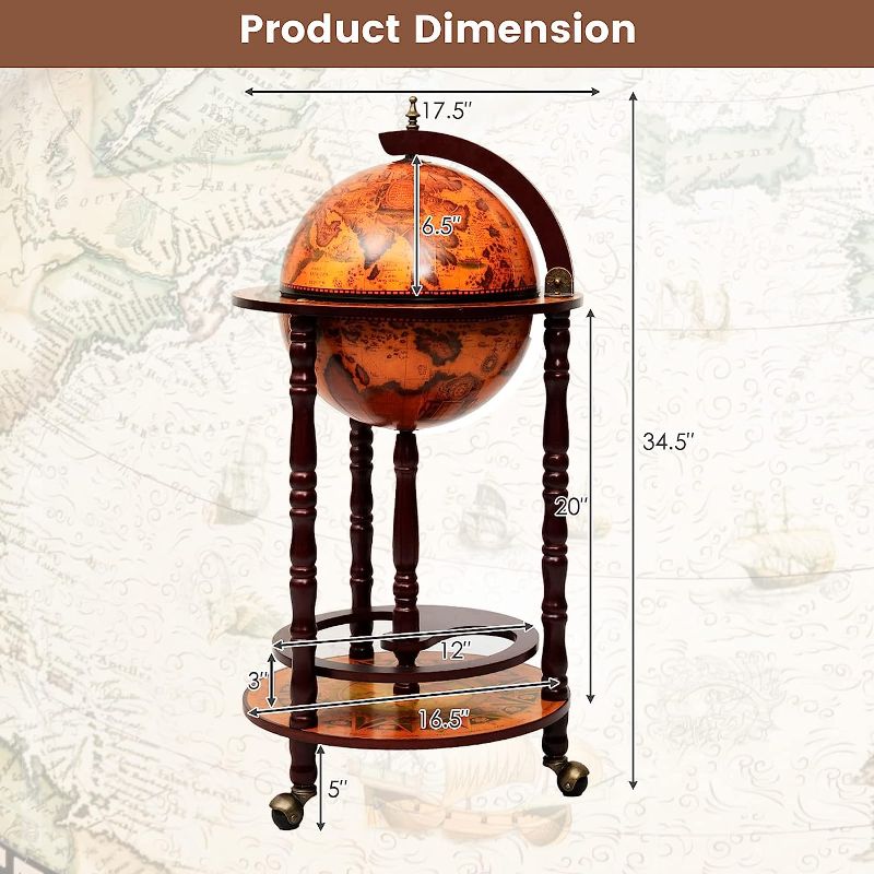 Photo 2 of Goplus 17.5” Globe Bar, Wood Globe Bar Cart with Wheels & Liquor Bottle Shelf, 16th Century Italian Replica Liquor Cabinet, Globe Wine Bar Stand for Living Room, Dining Room, Home (Retro Brown)