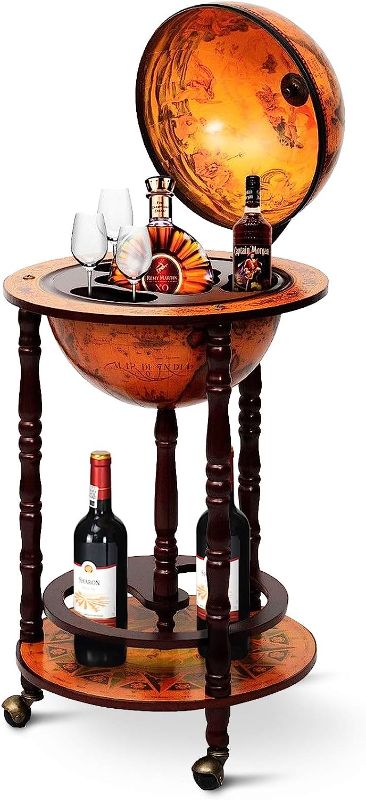 Photo 1 of Goplus 17.5” Globe Bar, Wood Globe Bar Cart with Wheels & Liquor Bottle Shelf, 16th Century Italian Replica Liquor Cabinet, Globe Wine Bar Stand for Living Room, Dining Room, Home (Retro Brown)