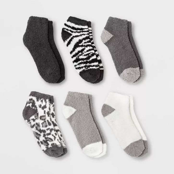 Photo 1 of 6 Pair COZIES Low Cut Fuzzy Socks Black & Gray Sizes 4-10