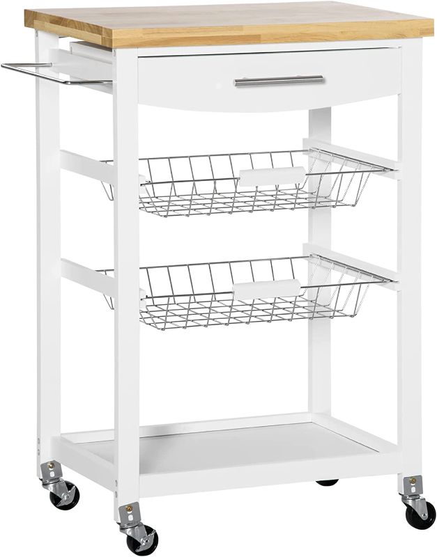 Photo 1 of HOMCOM 3-Tier Utility Kitchen Cart with Handle Bar, Steel Basket Rolling Cart, Food Storage Service Trolley with Drawer, Rubber Wood Top, White