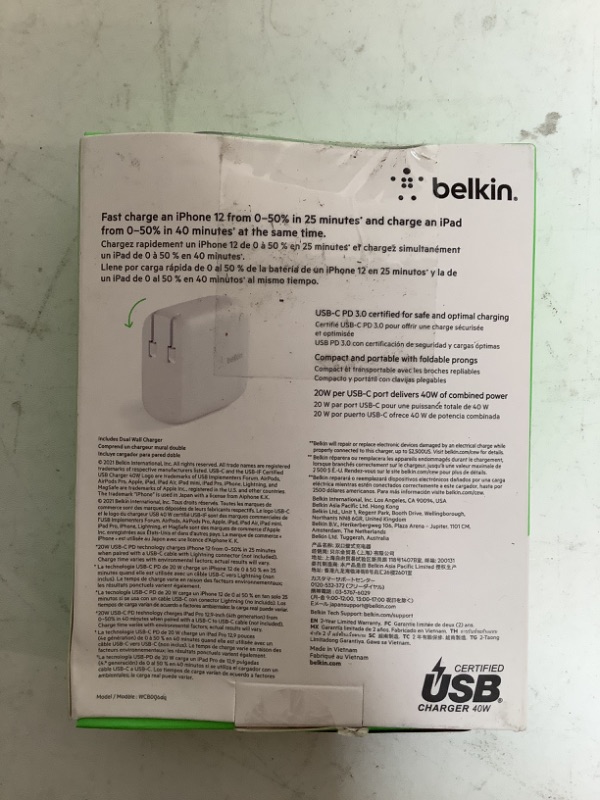 Photo 3 of Belkin 40W Dual Port USB C Wall Charger - USB Type C Charger Fast Charging for iPhone 14, 14 Pro, 14 Pro Max, 13, 13 Pro, 13 Pro Max, Galaxy S21 Ultra, iPad, AirPods & More - USBC Charger (1-Pack)