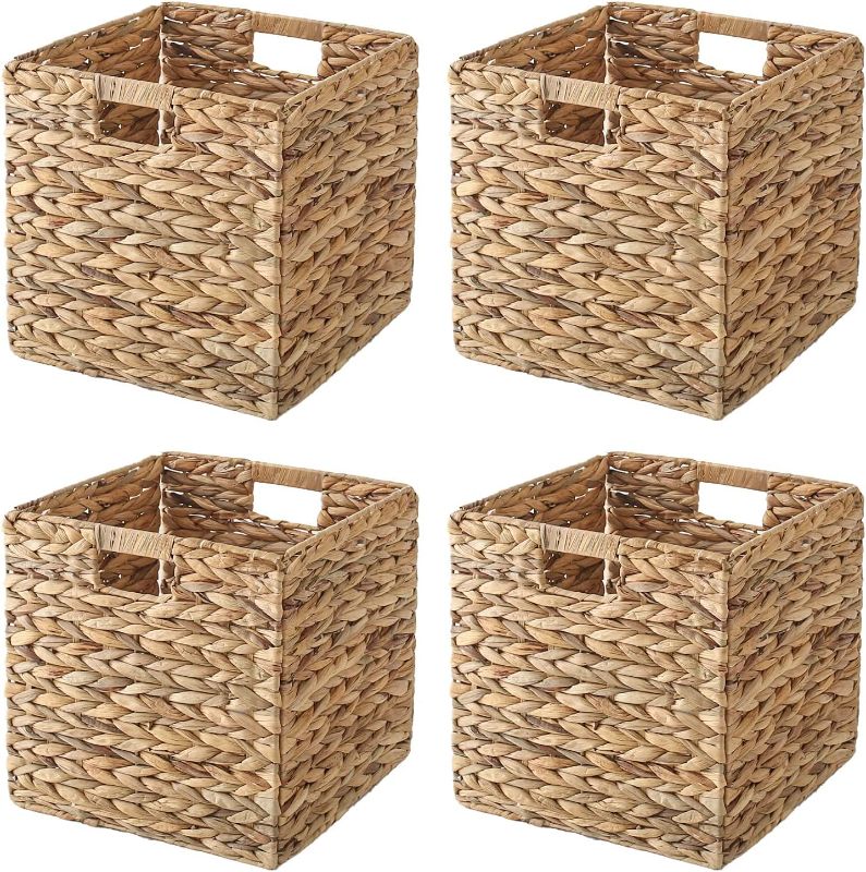 Photo 1 of **SEE OUR MEASUERMENTS** VK Living Foldable Handwoven Water Hyacinth Storage Baskets Wicker Cube Baskets Rectangular Laundry Organizer Totes for Bedroom, Living Room,Nursery Room, Shelves, Pantry 4 Pack