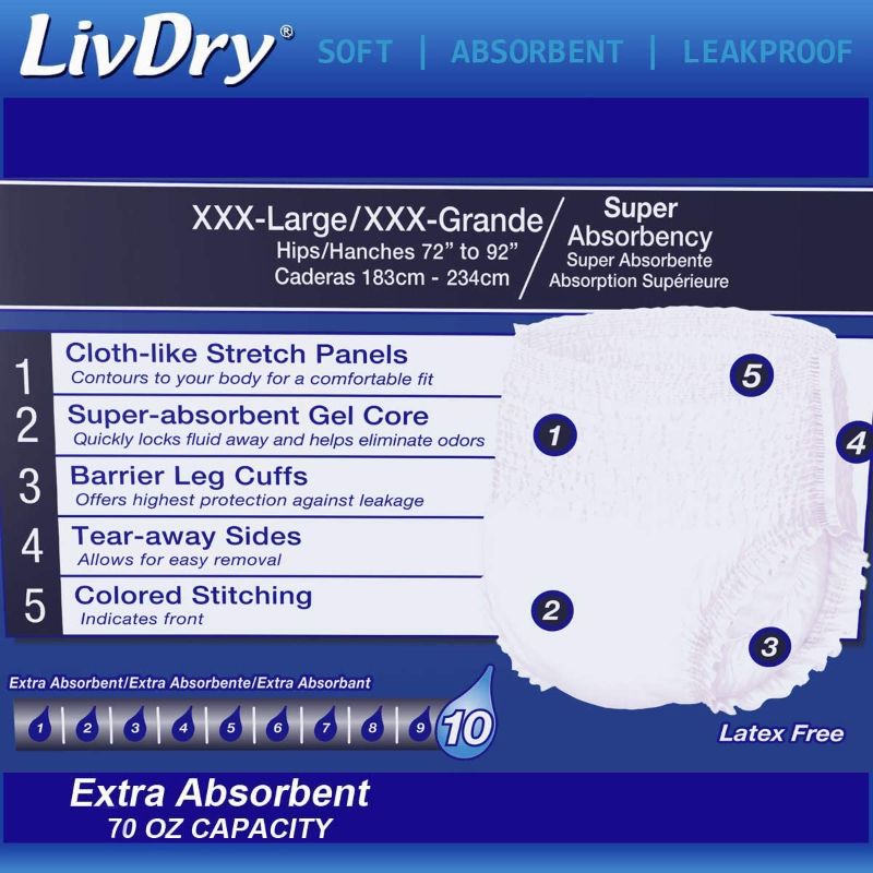 Photo 1 of LivDry Adult Incontinence Underwear, Overnight Comfort Absorbency, Leak Protection (XXX-Large 10 CT)