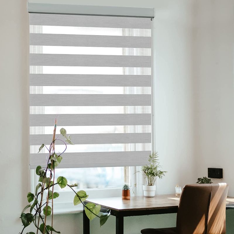 Photo 1 of KCO Zebra Blinds for Windows, Dual Layer Roller Sheer Shades Blinds for Day and Night, Light Control Window Treatments Shades with Valance Cover, 24" W x 72" L, Marble Grey