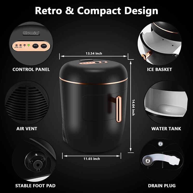 Photo 3 of KUMIO Ice Maker Countertop, Retro Design Bullet Clear Ice 10pcs in 8Mins, 33Lbs/Day, 2.5Qt Water Reservoir & 2 Ice Size (S/L), Self-Cleaning Portable Ice Machine with Ice Basket and Scoops