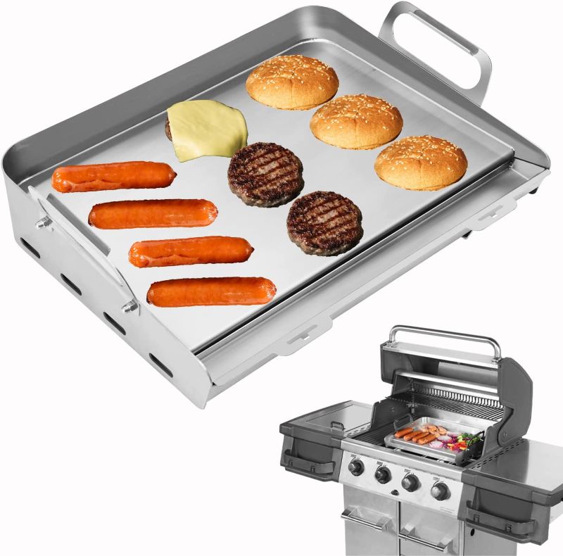 Photo 1 of Universal Stainless Steel Griddle, Flat Top Grill with Removable Grease Tray, Griddle for Gas Griddle, Telescopic Support to Accommodate Different Sizes Gas/Charcoal Grill, for Camping & Parties