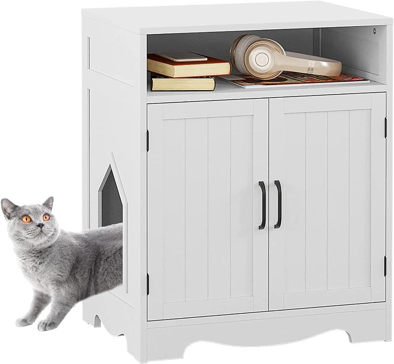 Photo 1 of HOME BI Cat Litter Box Enclosure, Cat Litter Box Furniture Hidden, Cat Washroom Storage Bench, Pet Crate Furniture, Modern Wooden Cat Litter Cabinet with Drawer, Cat Home, Cat Hideaway, White