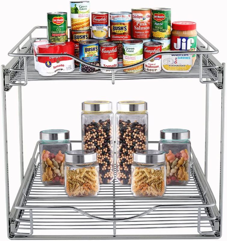 Photo 1 of DINDON 2 Tier Pull Out Cabinet Organizer(17" W X 21" D ), Double Tier Wire Basket Slide Out Shelf Storage for Kitchen Base Cabinet Organization ?for Kitchen, Pantry, Bathroom, Chrome