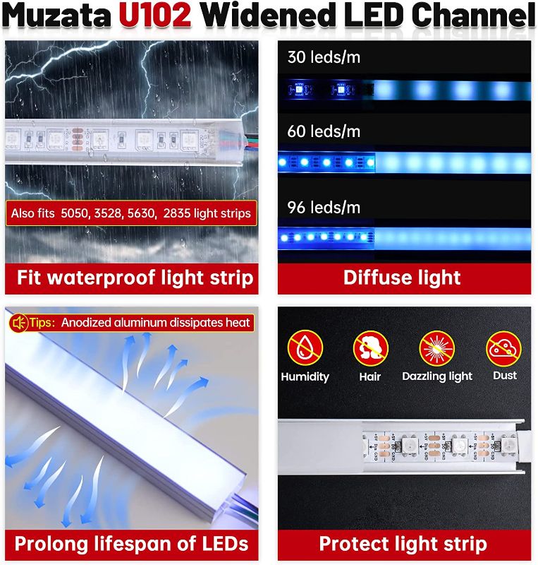 Photo 2 of Muzata 6Pack 3.6FT/2M Silver LED Channel with Milky White LED Strip Cover Super Wide U Shape Aluminum Channel Shallow Profile Track for Waterproof LED Strip Lights, U102 2M WW, LU2 LP1 L2M