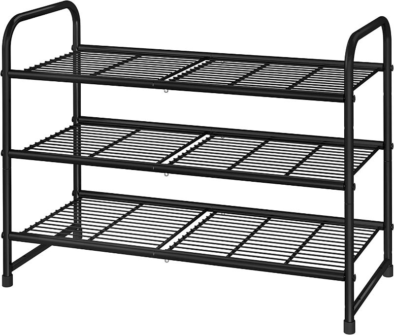 Photo 1 of Simple Trending 3-Tier Stackable Shoe Rack, Expandable & Adjustable Shoe Shelf Storage Organizer, Wire Grid, Black