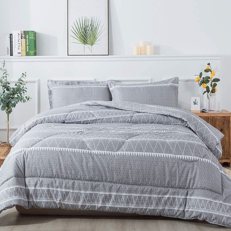 Photo 1 of Litanika Grey Boho Comforter Full (79x90lnch), Geometric Triangle Striped Comforter Set, Aztec Soft Microfiber Down Alternative Comforter Bedding
