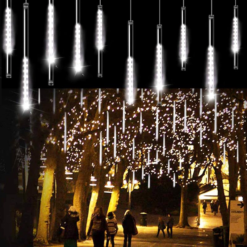 Photo 1 of Aluan Christmas Lights Meteor Shower Rain Lights 10 Tube 240 LED 12 Inch Waterproof Plug in Falling Rain Fairy String Lights for Halloween Christmas Holiday Party Home Patio Outdoor Decoration, White